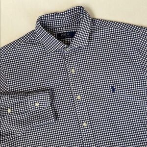 Polo Ralph Lauren Navy Blue White Check Plaid Long Sleeve Button Shirt Men Large